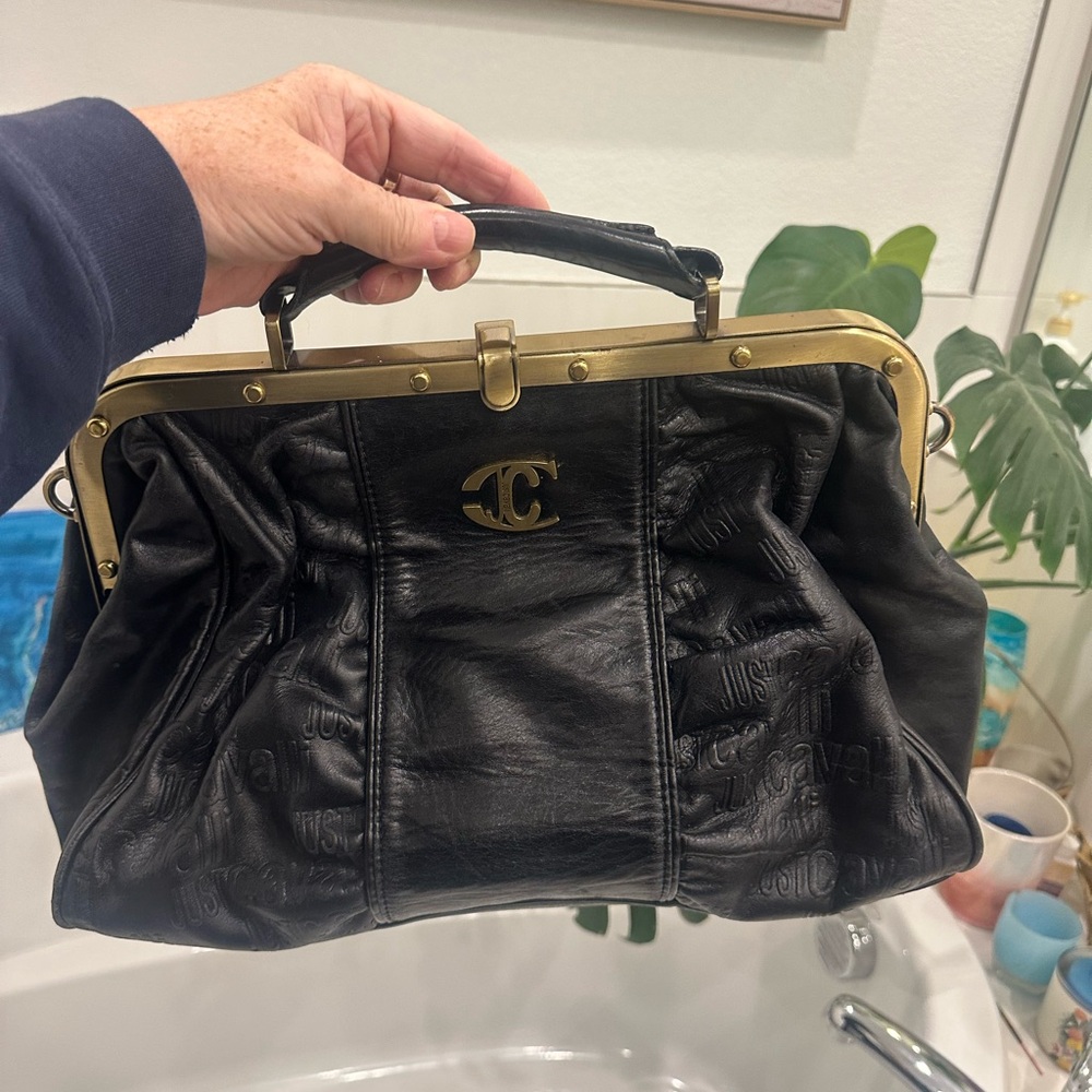 Just Cavalli Black Leather Satchel with Gold Accents